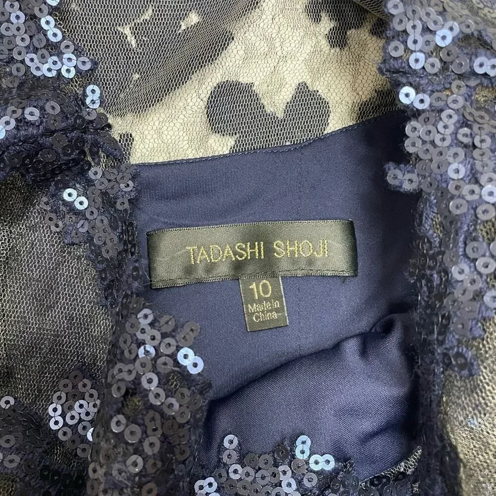Tadashi Shoji Paillette Embroidered Lace Sheath Cocktail Dress Royal Navy Blue S - Picture 7 of 14